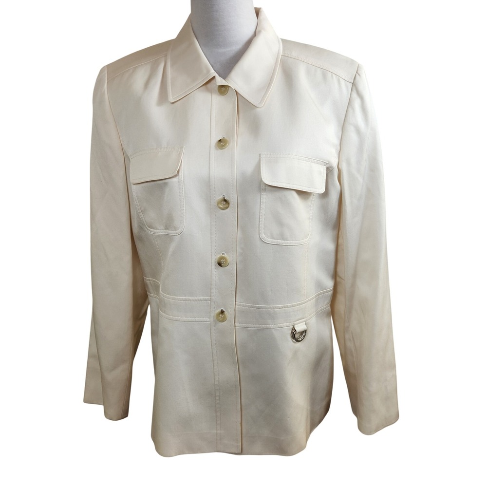 Talbots Womens Size 14 Ivory Silk Cotton Blend Button Front Safari Jacket Cream